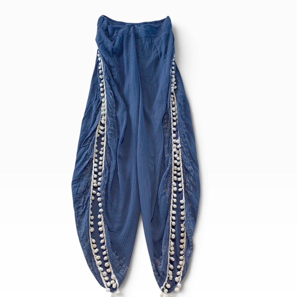 Bluette Swim Cover Up Pants Women L Blue Pom Pom Side Slit Boho Resort Beach